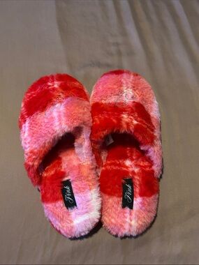 PINK Victoria's Secret Red and Pink Faux Fur Slide Slippers
